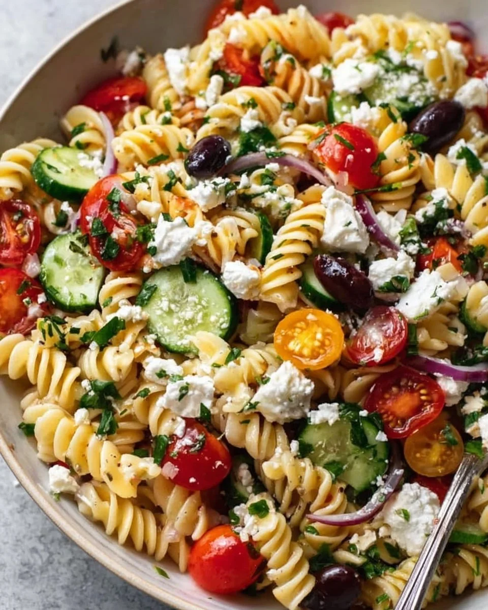Colorful Greek Pasta Salad with vegetables, olives, and feta cheese