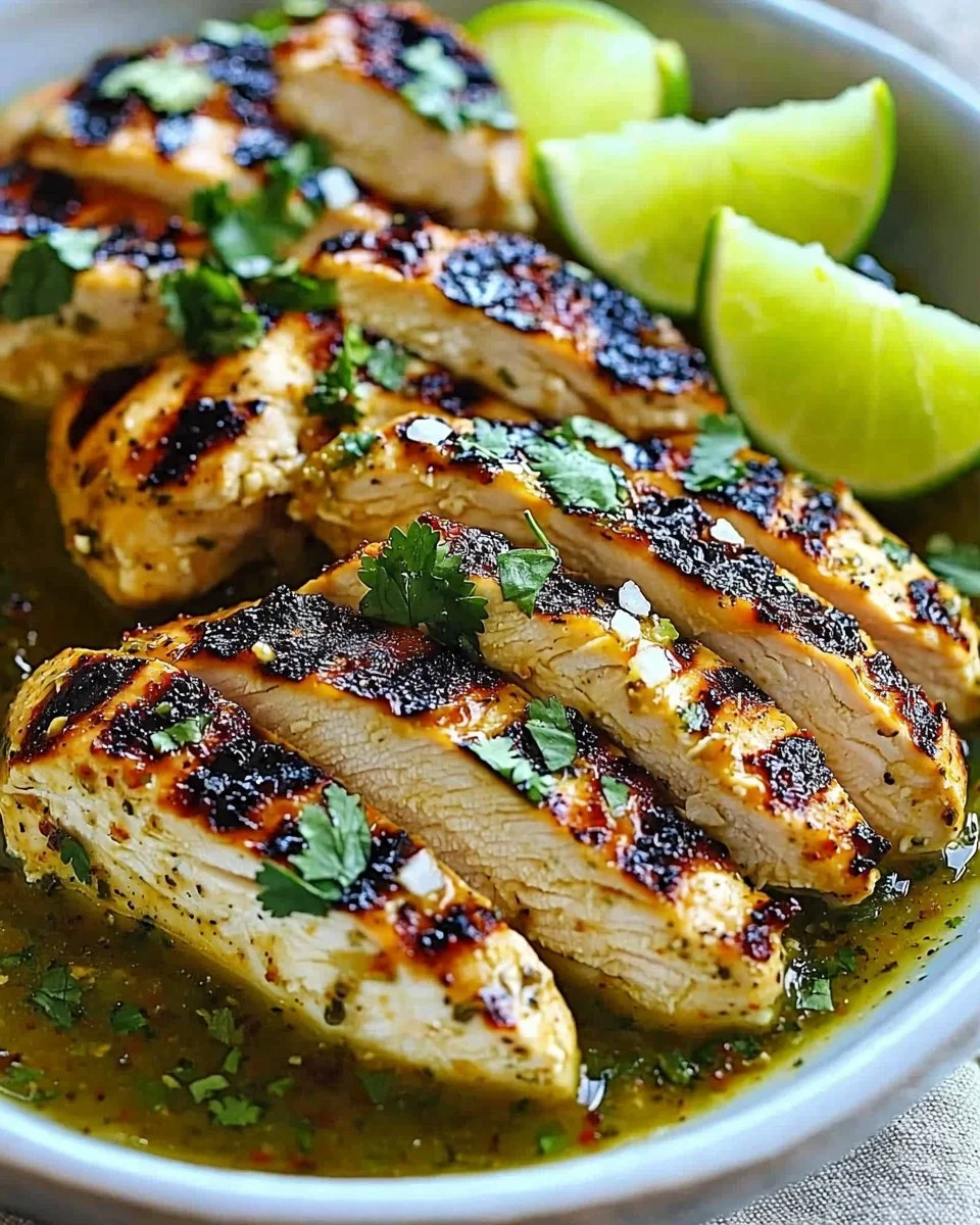 Grilled salsa verde chicken topped with pepper jack cheese on a plate.