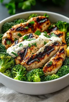 Healthy grilled chicken broccoli bowl with creamy garlic sauce