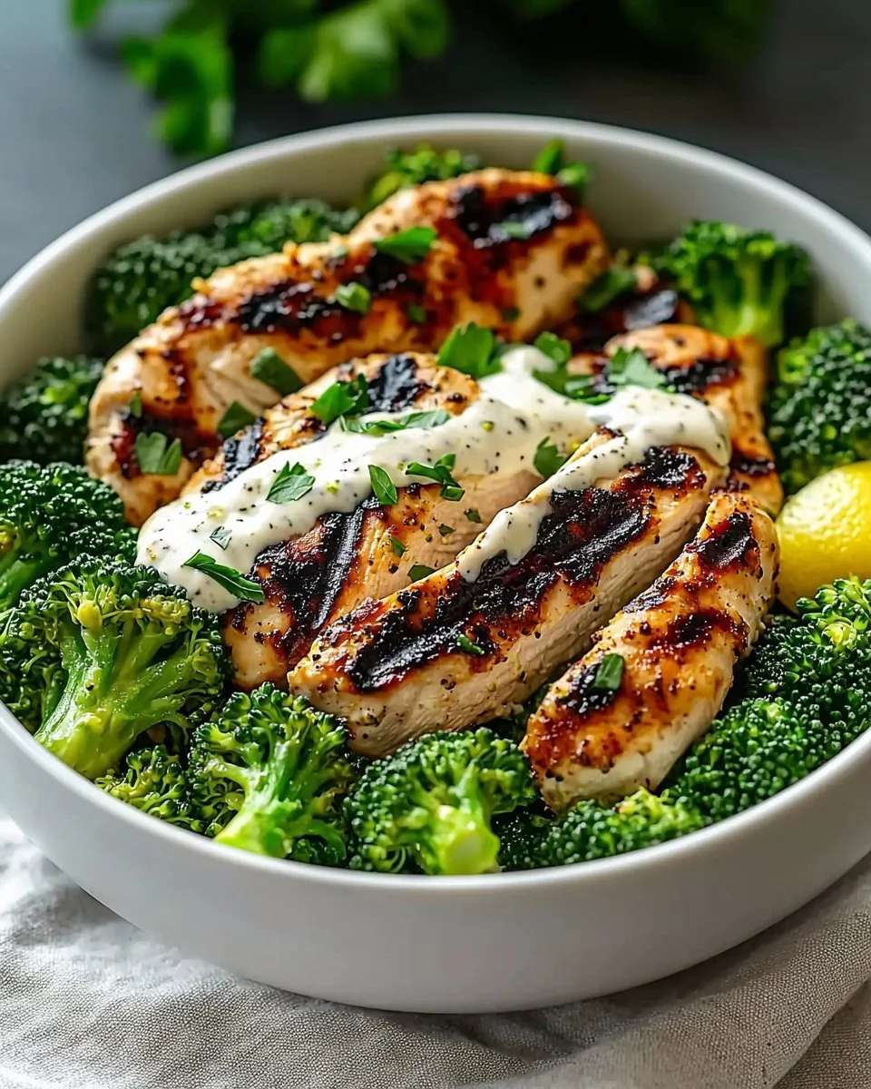 Healthy Grilled Chicken Broccoli Bowls with Creamy Garlic Sauce