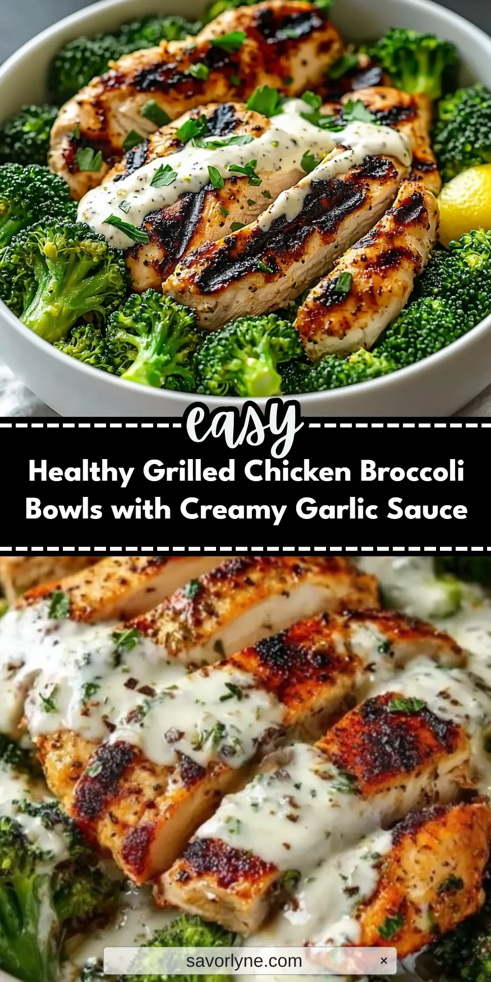 Healthy Grilled Chicken Broccoli Bowls with Creamy Garlic Sauce
