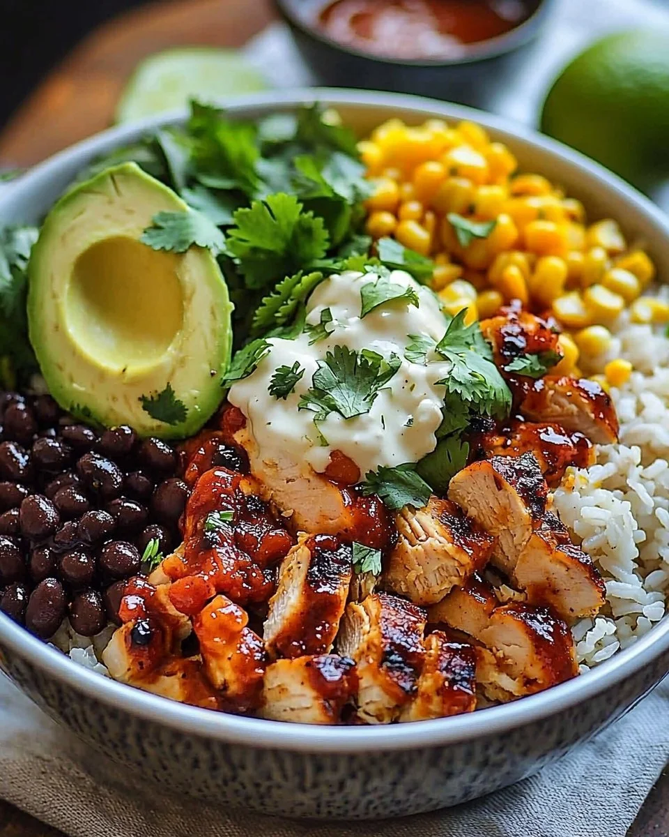 High-protein chicken burrito bowl topped with fresh ingredients