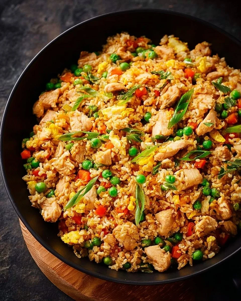 High protein chicken fried rice dish with vibrant vegetables and chicken pieces