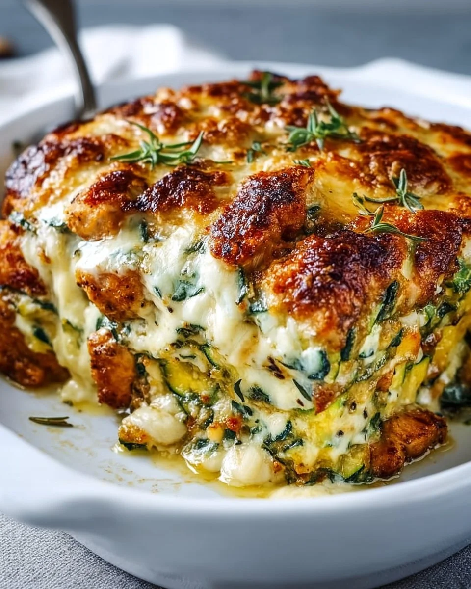High protein chicken zucchini bake with fresh vegetables and cheese