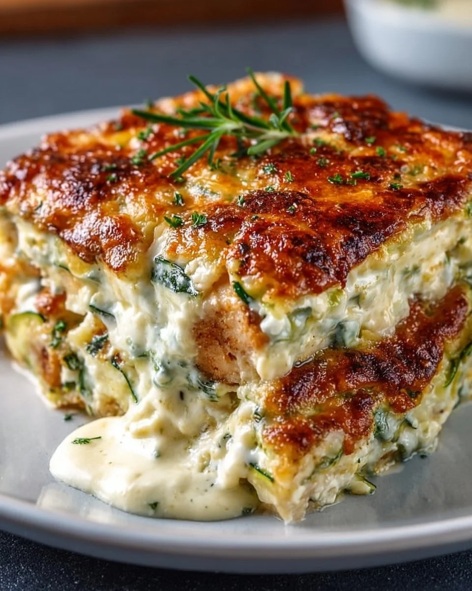 High protein chicken zucchini bake dish, topped with cheese and herbs
