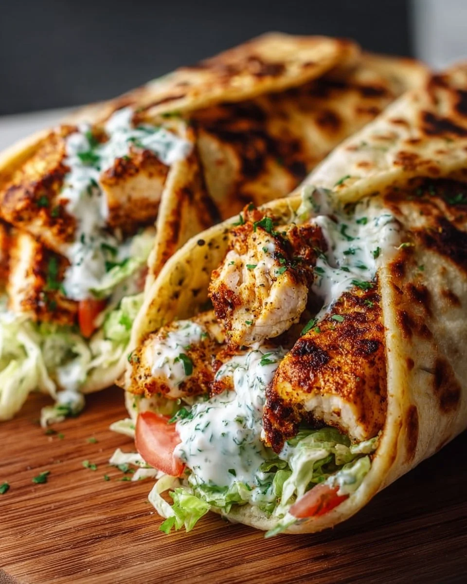 High-protein crispy chicken wraps in flatbread with cottage cheese filling
