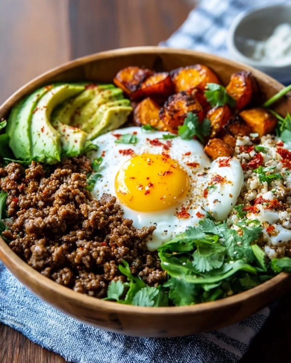 High protein ground beef power bowls with vegetables and grains