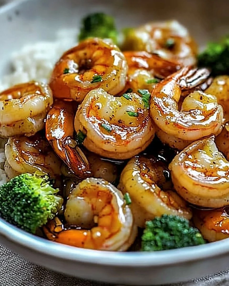 Plate of high-protein honey garlic shrimp served with vegetables