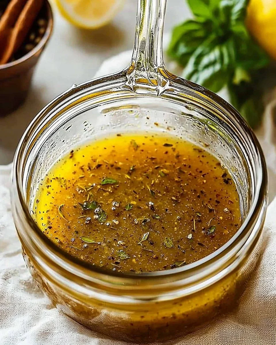 Bottle of homemade Italian dressing with herbs and spices