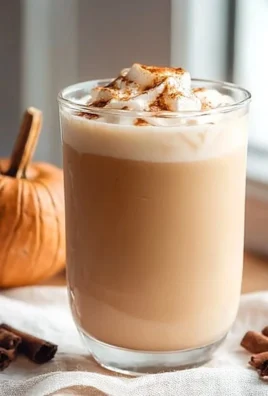 Iced Pumpkin Cream Chai Latte in a glass topped with whipped cream and spices