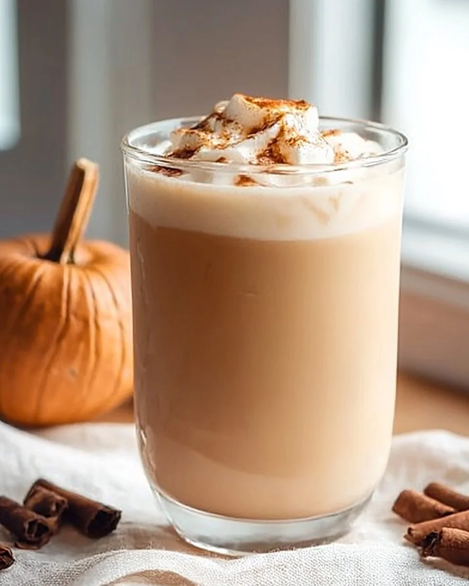 Iced Pumpkin Cream Chai Latte in a glass topped with whipped cream and spices