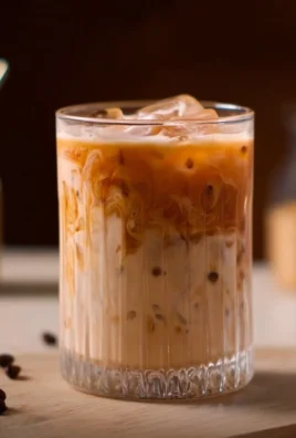 Refreshing Iced Spanish Latte served in a glass with ice and coffee beans.