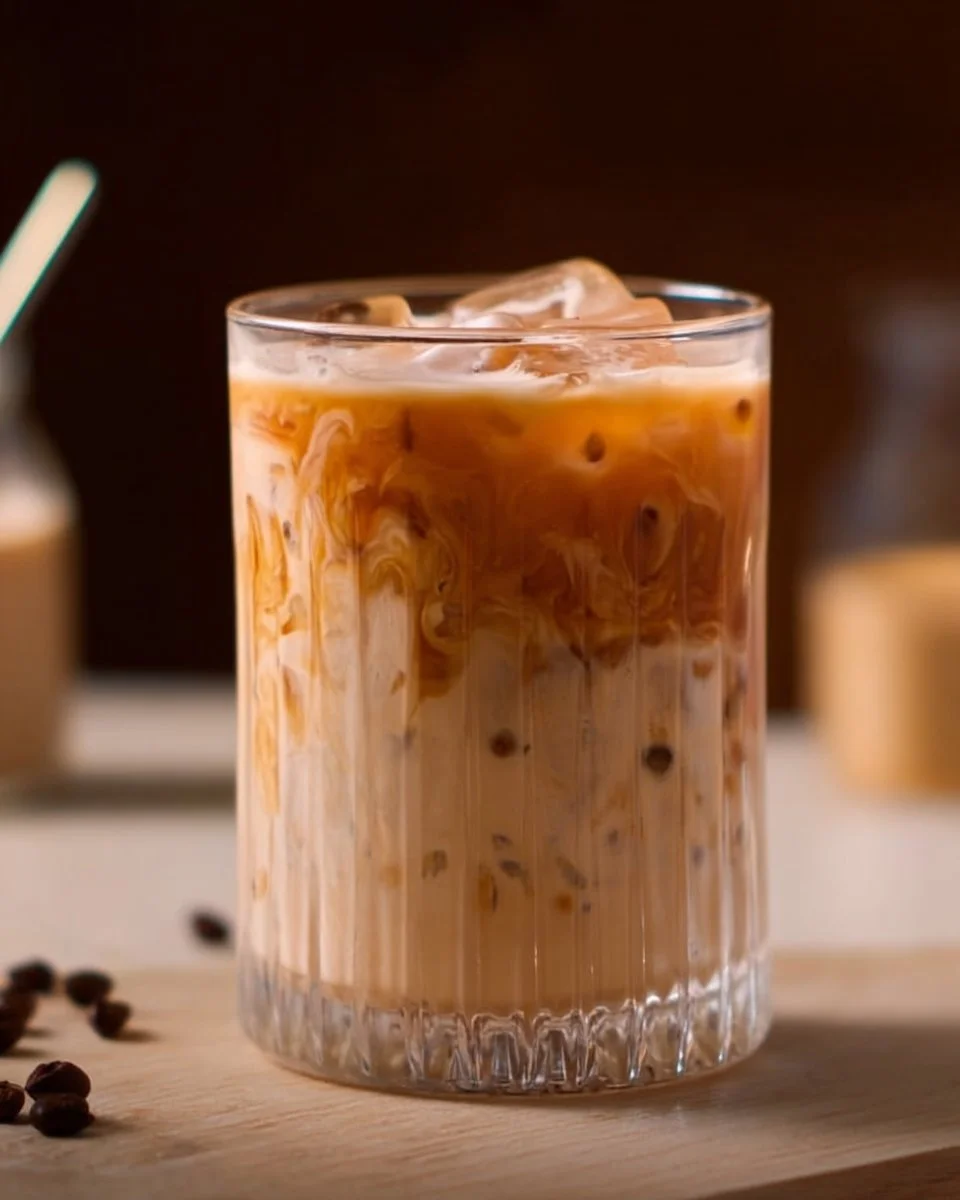 Refreshing Iced Spanish Latte served in a glass with ice and coffee beans.
