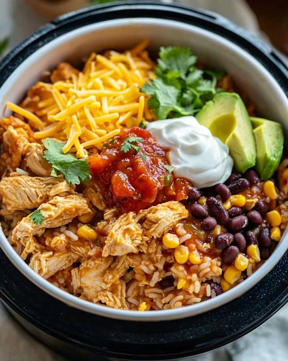 Instant Pot Chicken Burrito Bowls ready to serve with toppings