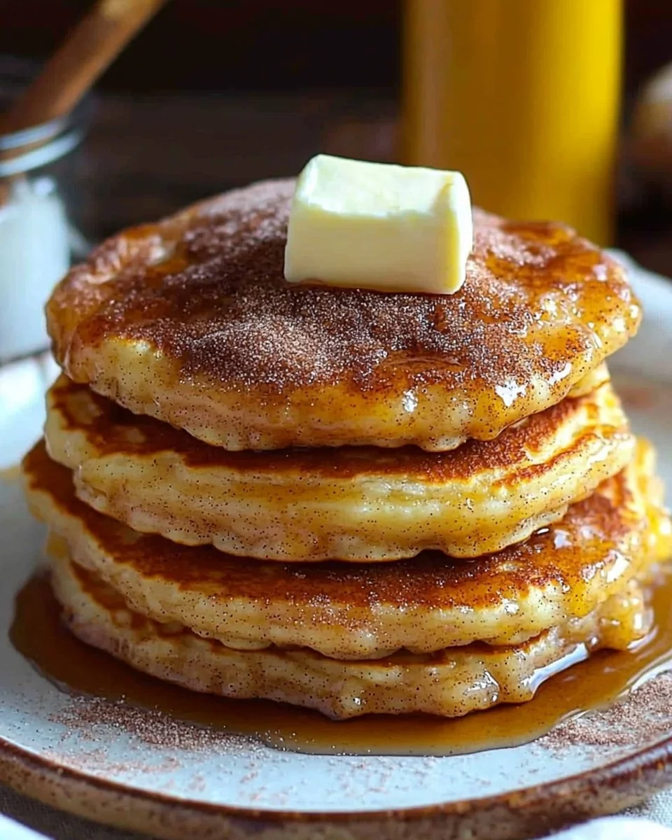 Deliciously fluffy Spanish churro pancakes topped with cinnamon sugar