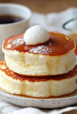 Delicious fluffy Japanese soufflé pancakes served with syrup and fruits