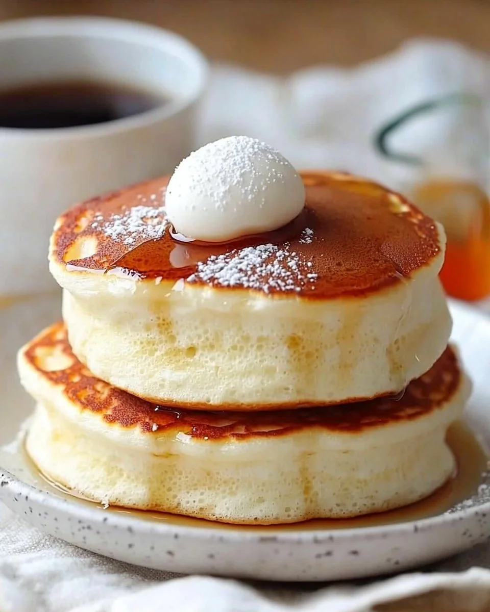 Delicious fluffy Japanese soufflé pancakes served with syrup and fruits