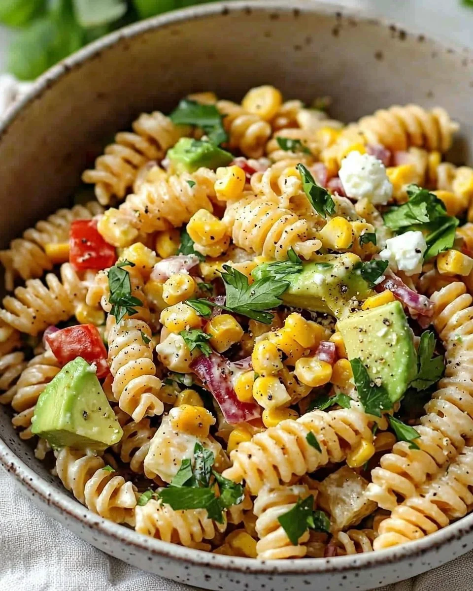 Juicy Street Corn Pasta Salad with fresh ingredients and vibrant colors.
