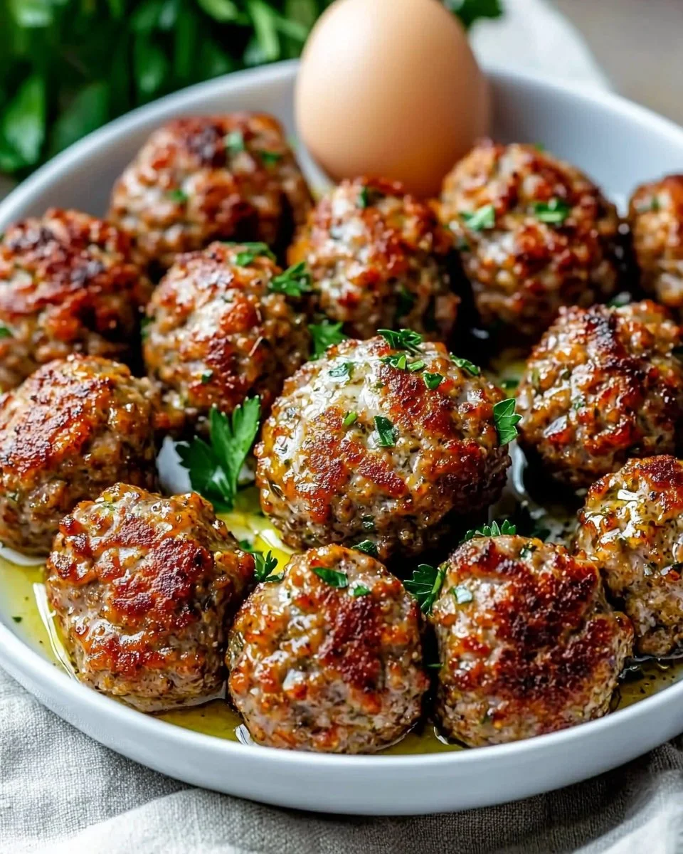 Keto Greek Meatballs Keftedes served with fresh herbs and tzatziki sauce
