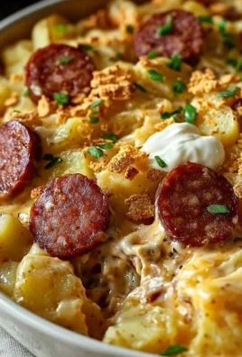 Delicious Kielbasa sausage cheesy potato casserole ready to serve.