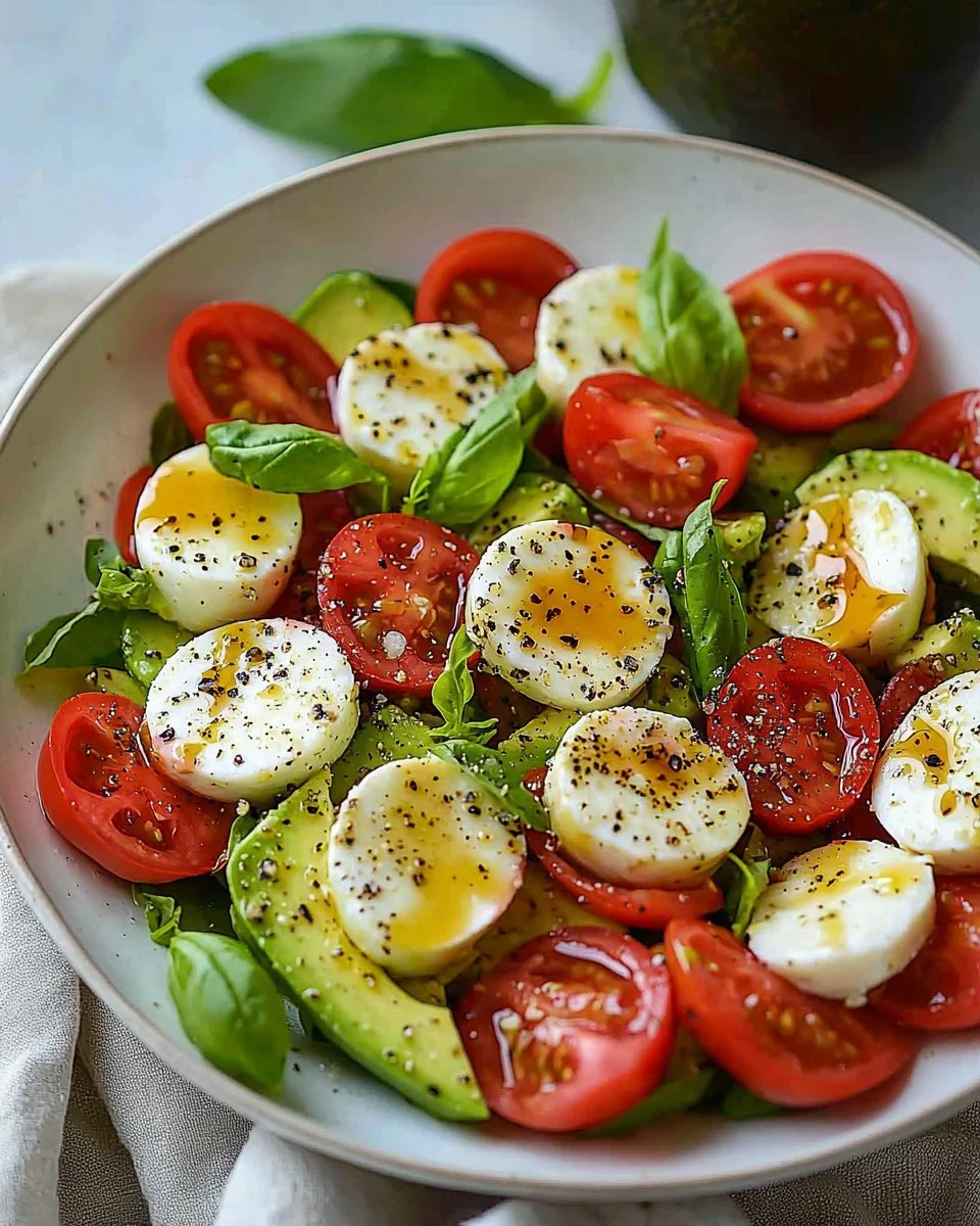 Light Avocado Caprese Salad with creamy avocado, tomatoes, and basil