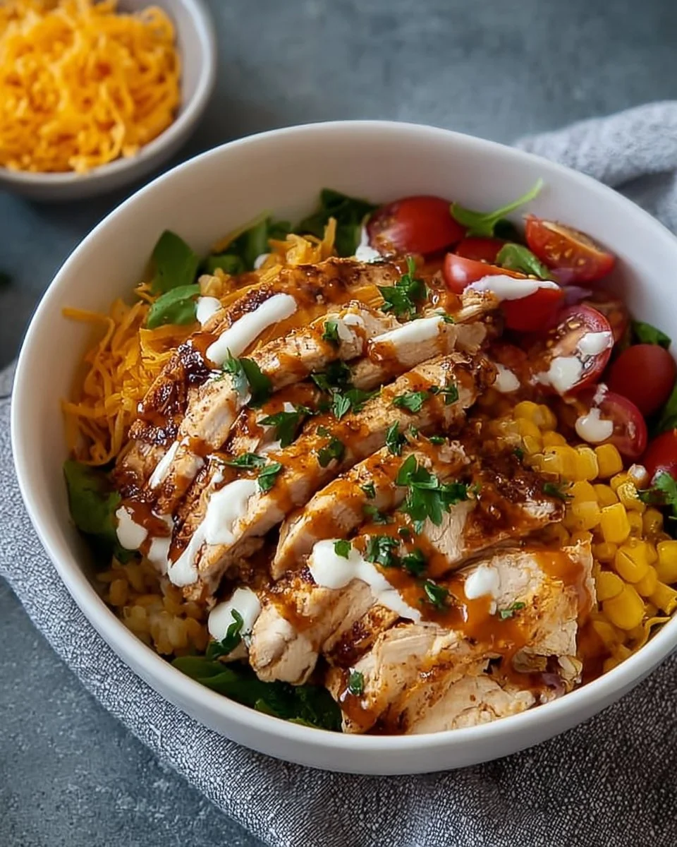 Delicious BBQ Ranch Chicken Bowl with high protein content and fresh ingredients