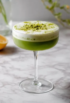 Refreshing Matcha Gin Sour cocktail with matcha and gin garnished with lemon