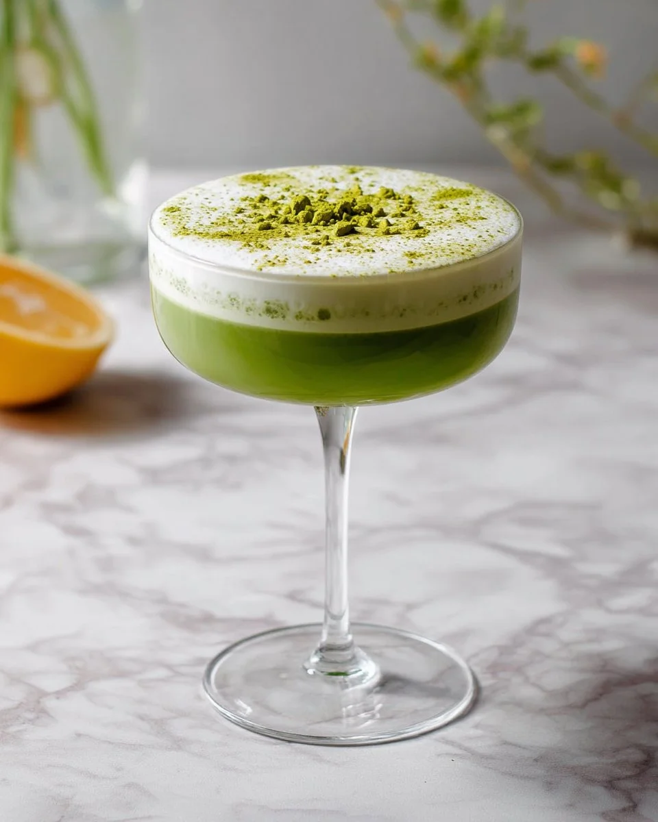 Refreshing Matcha Gin Sour cocktail with matcha and gin garnished with lemon