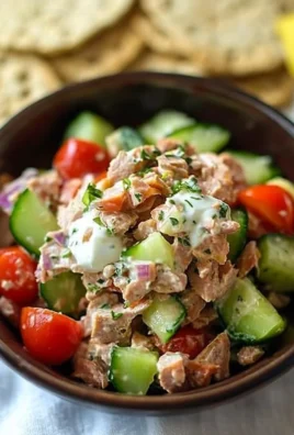 Mediterranean tuna salad with olives, tomatoes, and cucumbers in a bowl.