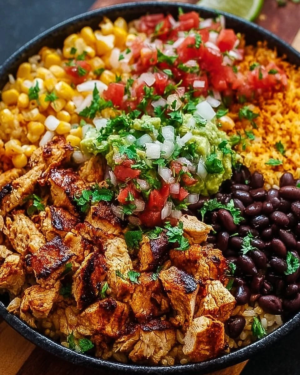 One-Pan Chicken Burrito Bowl with vibrant ingredients in a serving dish
