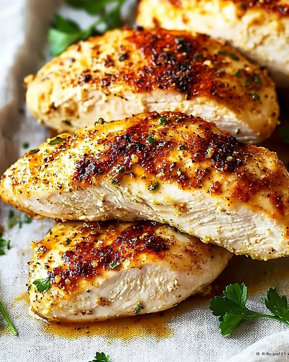 Delicious oven baked chicken breast served on a plate with herbs and spices