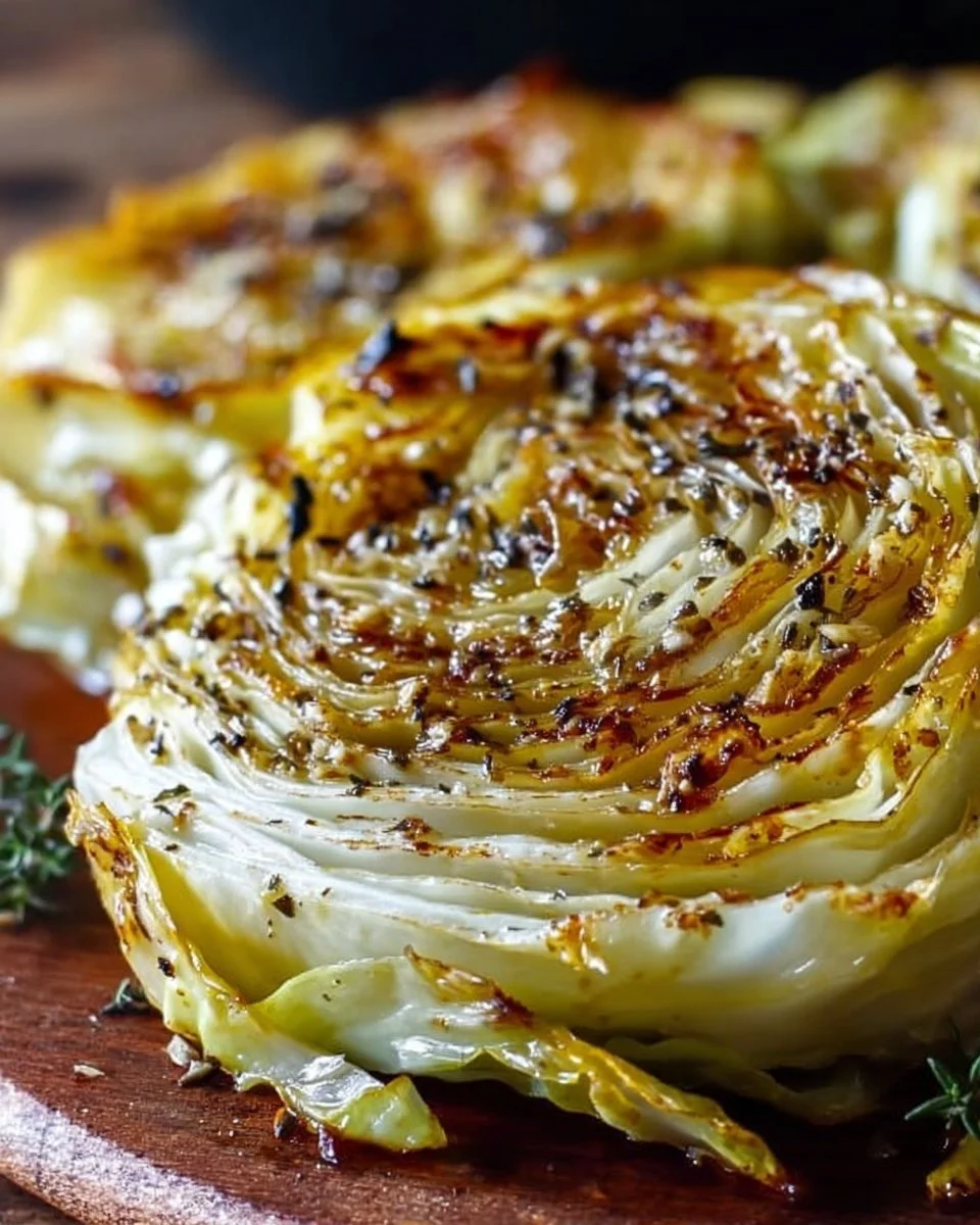 Oven roasted garlic cabbage steaks garnished and ready to serve