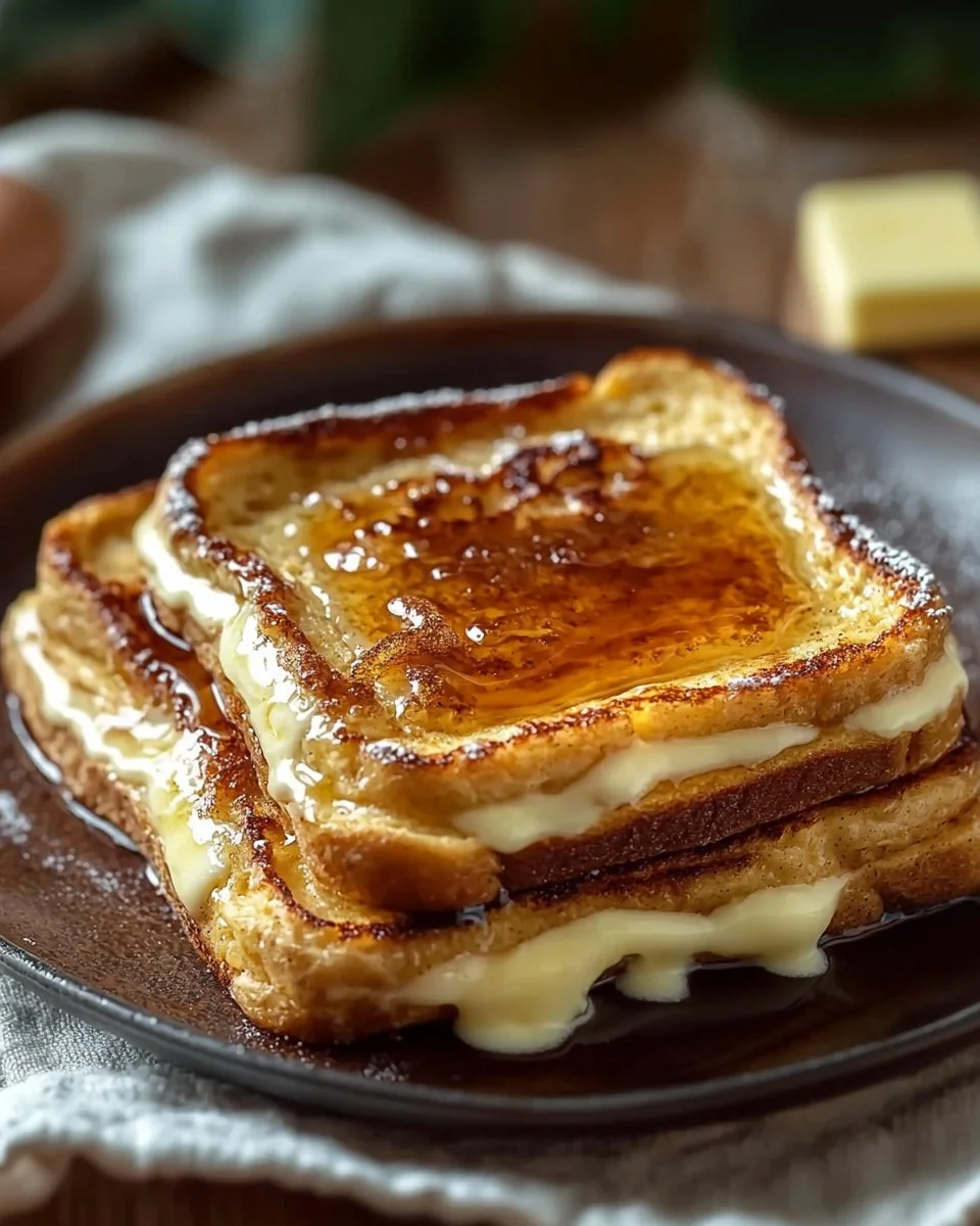 Overnight Crème Brûlée French Toast served with fresh berries and caramel drizzle.