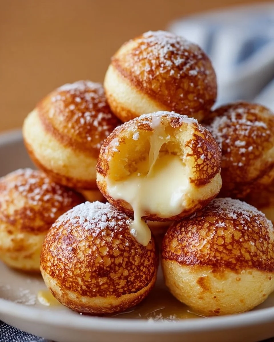 Delicious pancake poppers served with syrup and berries.
