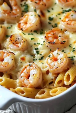 Delicious shrimp scampi pasta bake prepared with garlic and herbs.