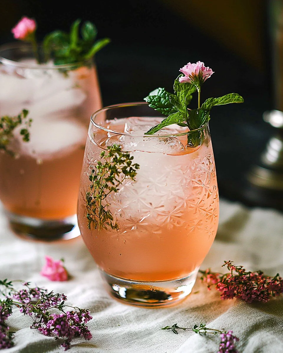 Refreshing Pink Gin and Tonic cocktail served in a glass with garnishes.