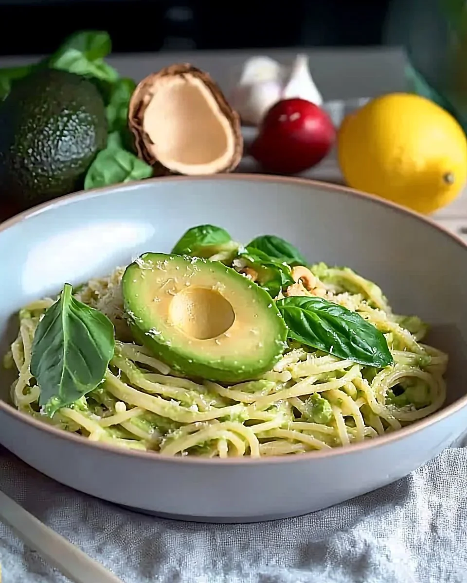 Creamy avocado pasta with fresh ingredients and herbs