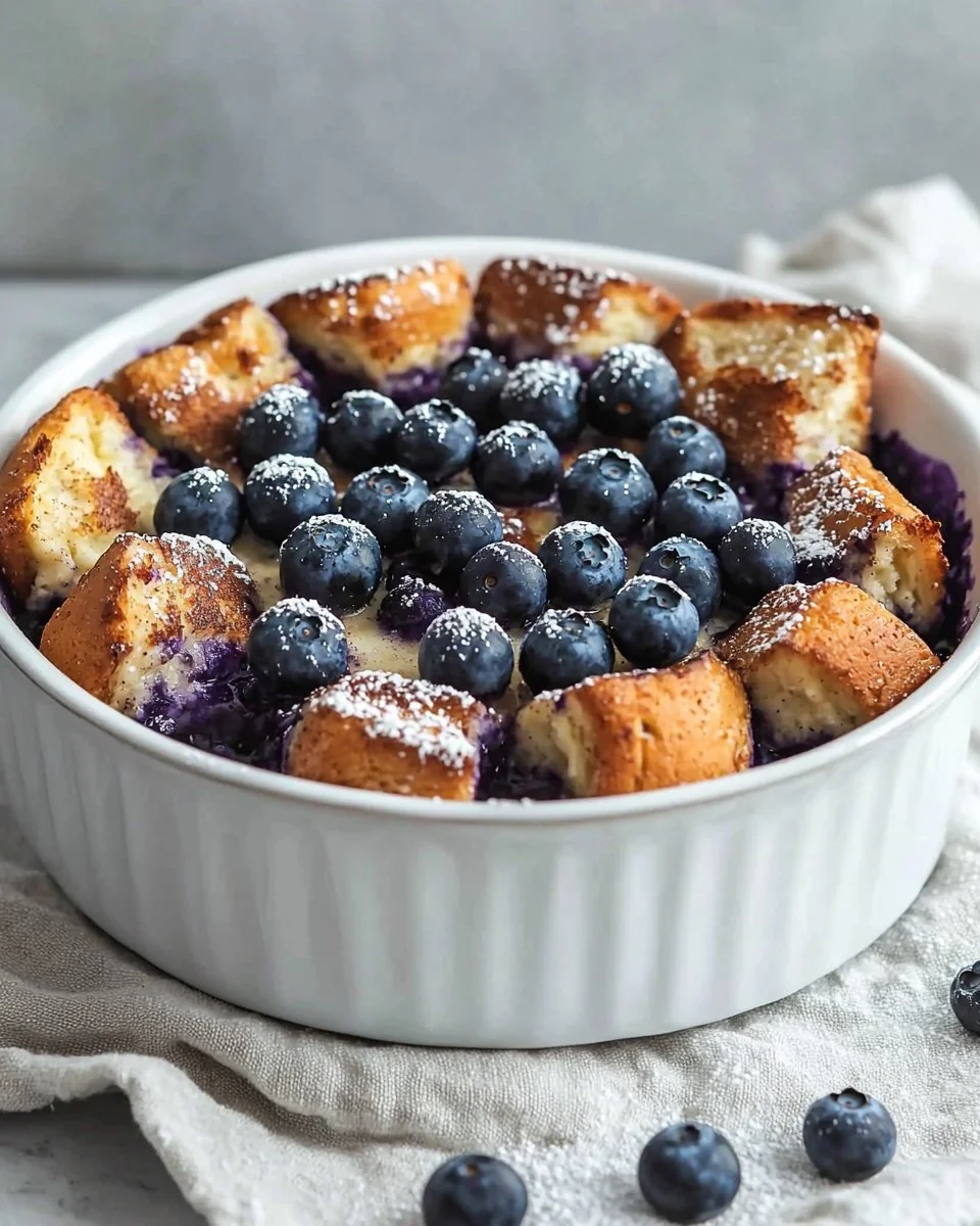 Quick Blueberry French Toast Casserole topped with fresh blueberries and syrup