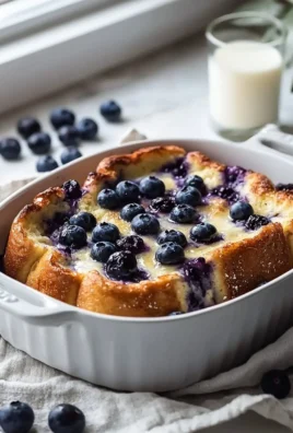 Quick Blueberry French Toast Casserole fresh out of the oven, topped with blueberries