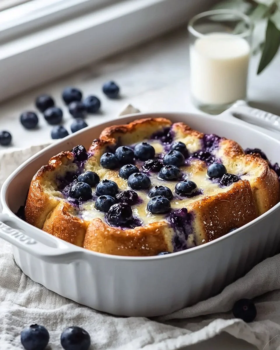 Quick Blueberry French Toast Casserole fresh out of the oven, topped with blueberries