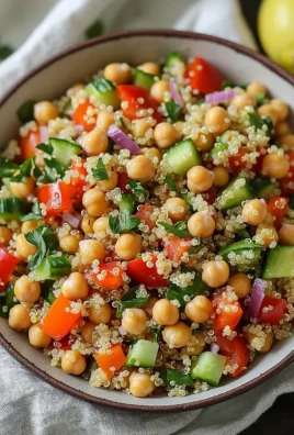 Colorful Quinoa Chickpea Salad with vegetables and dressing in a bowl
