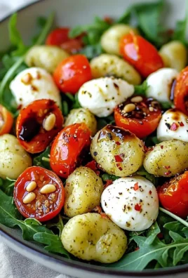 Roasted gnocchi salad with basil pesto, cherry tomatoes, mozzarella, and arugula