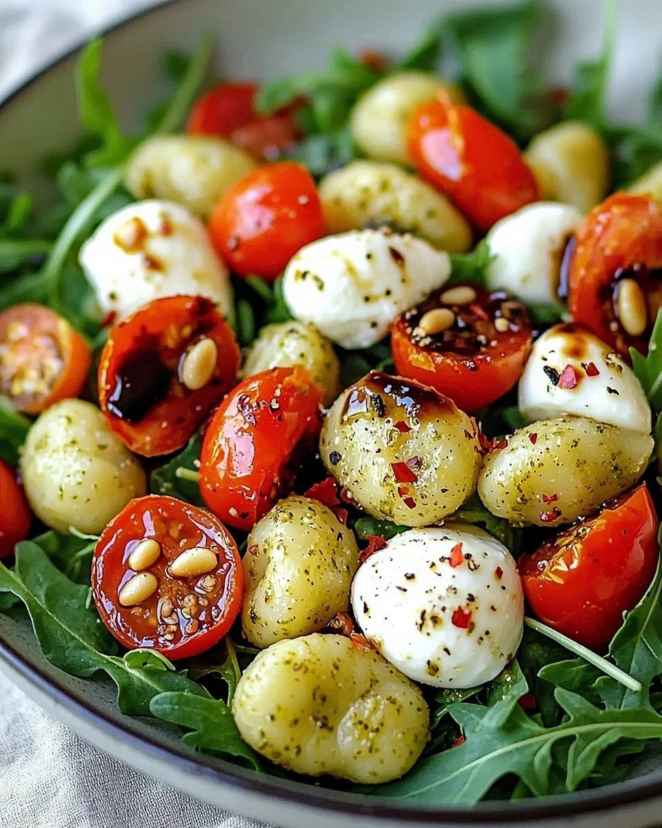 Roasted gnocchi salad with basil pesto, cherry tomatoes, mozzarella, and arugula