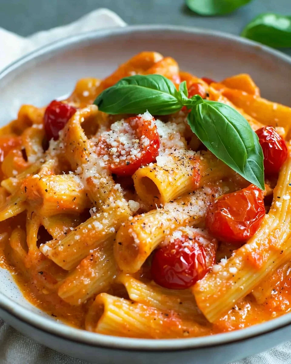 A delicious plate of Roasted Pepper & Tomato Pasta garnished with herbs