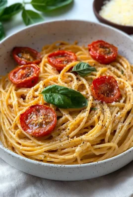 Delicious roasted tomato garlic ricotta pasta garnished with fresh basil.