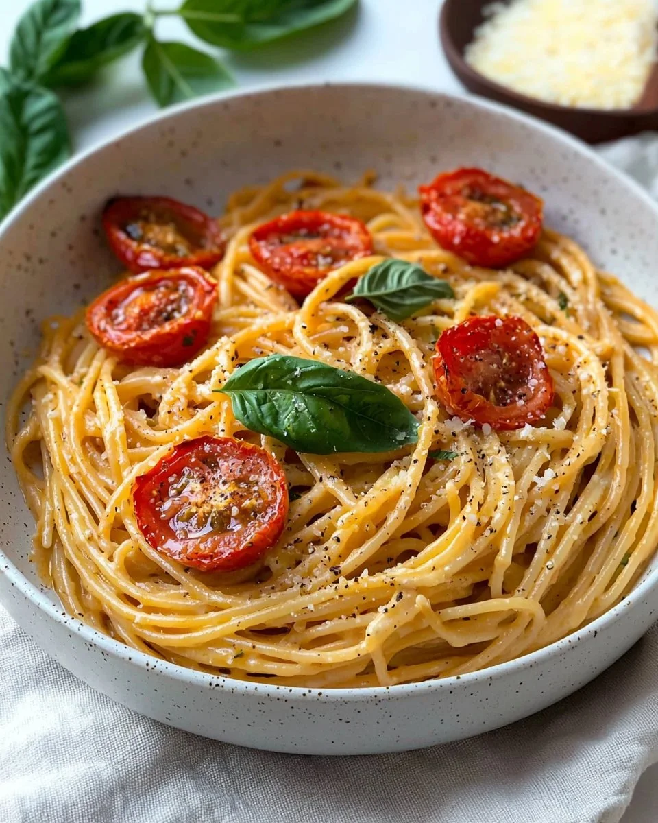 Delicious roasted tomato garlic ricotta pasta garnished with fresh basil.