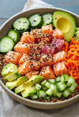 Salmon and Avocado Poke Bowl topped with fresh ingredients