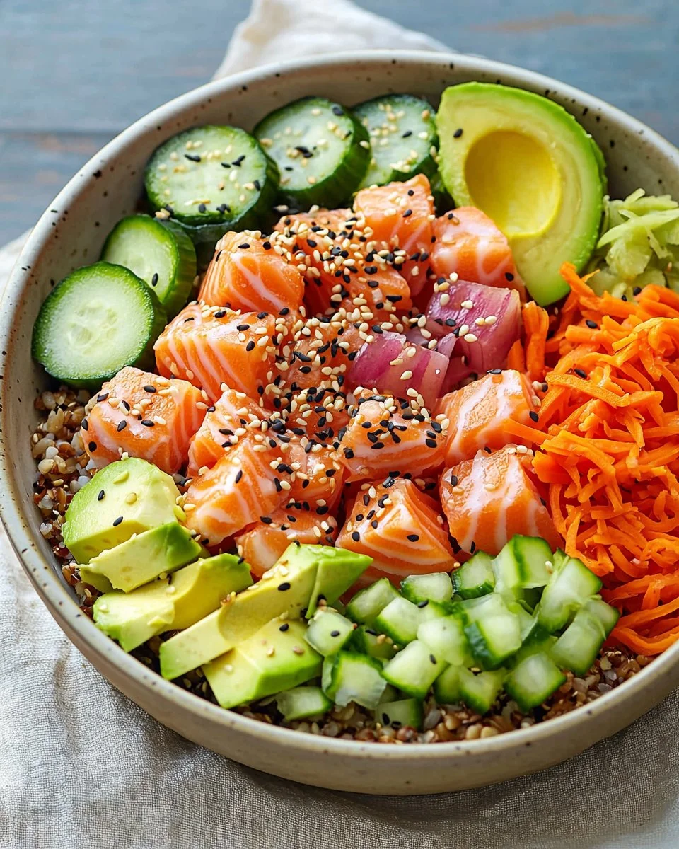 Salmon and Avocado Poke Bowl topped with fresh ingredients