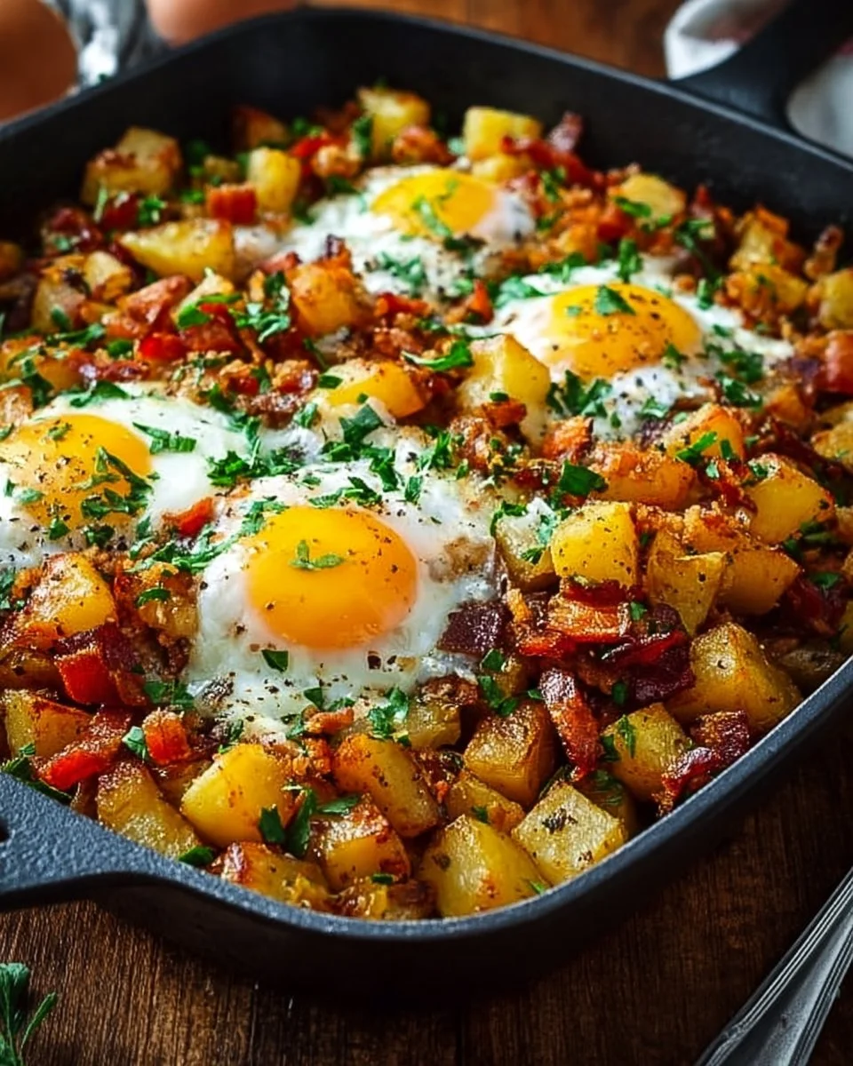 Savory breakfast hash with potatoes, eggs, and veggies served in a skillet