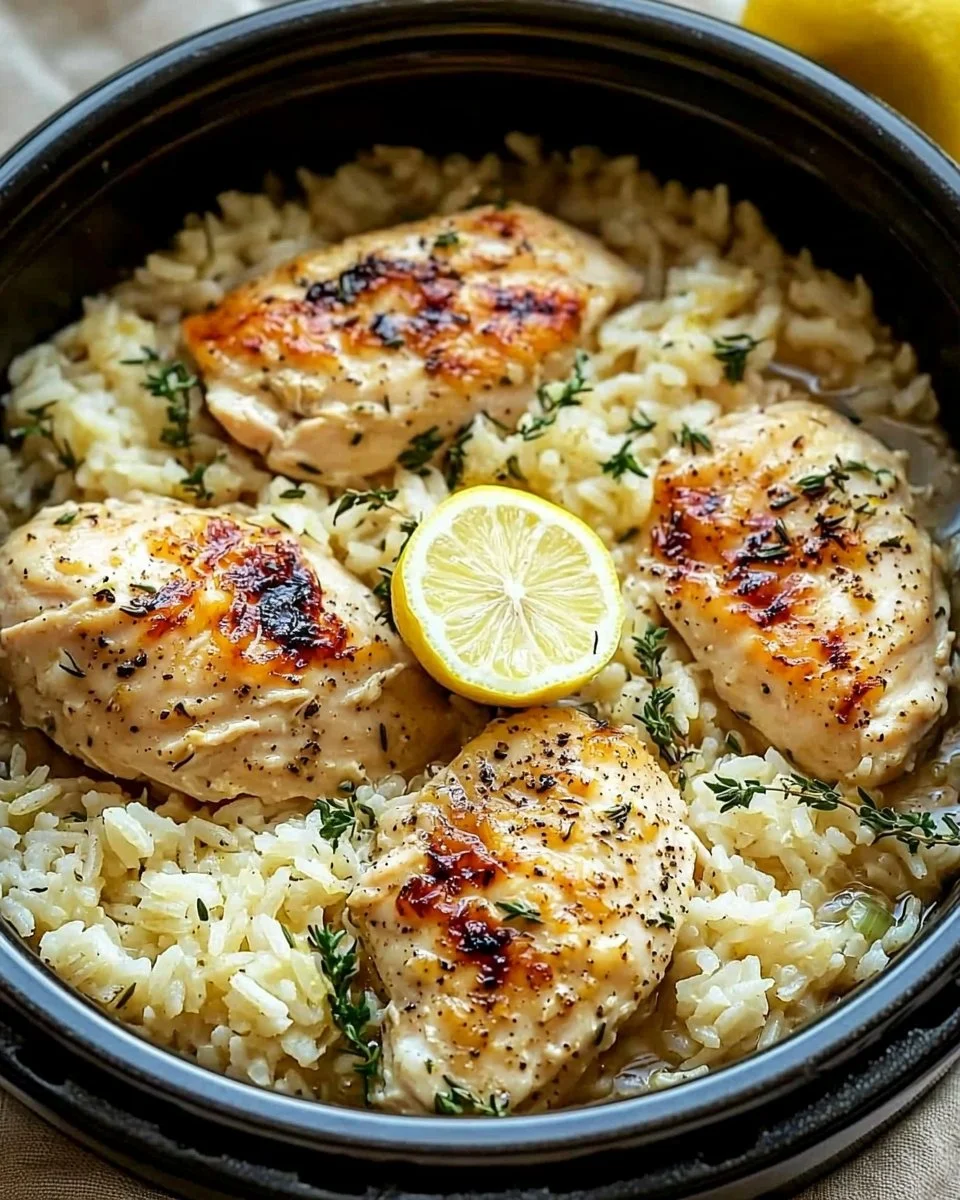 Slow Cooker Lemon Herb Chicken and Rice dish garnished with herbs on a plate